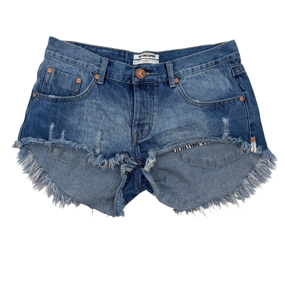 One Teaspoon Bonitas Low Rise Denim Shorts Size 27 Blue Distress Frayed Cut Off